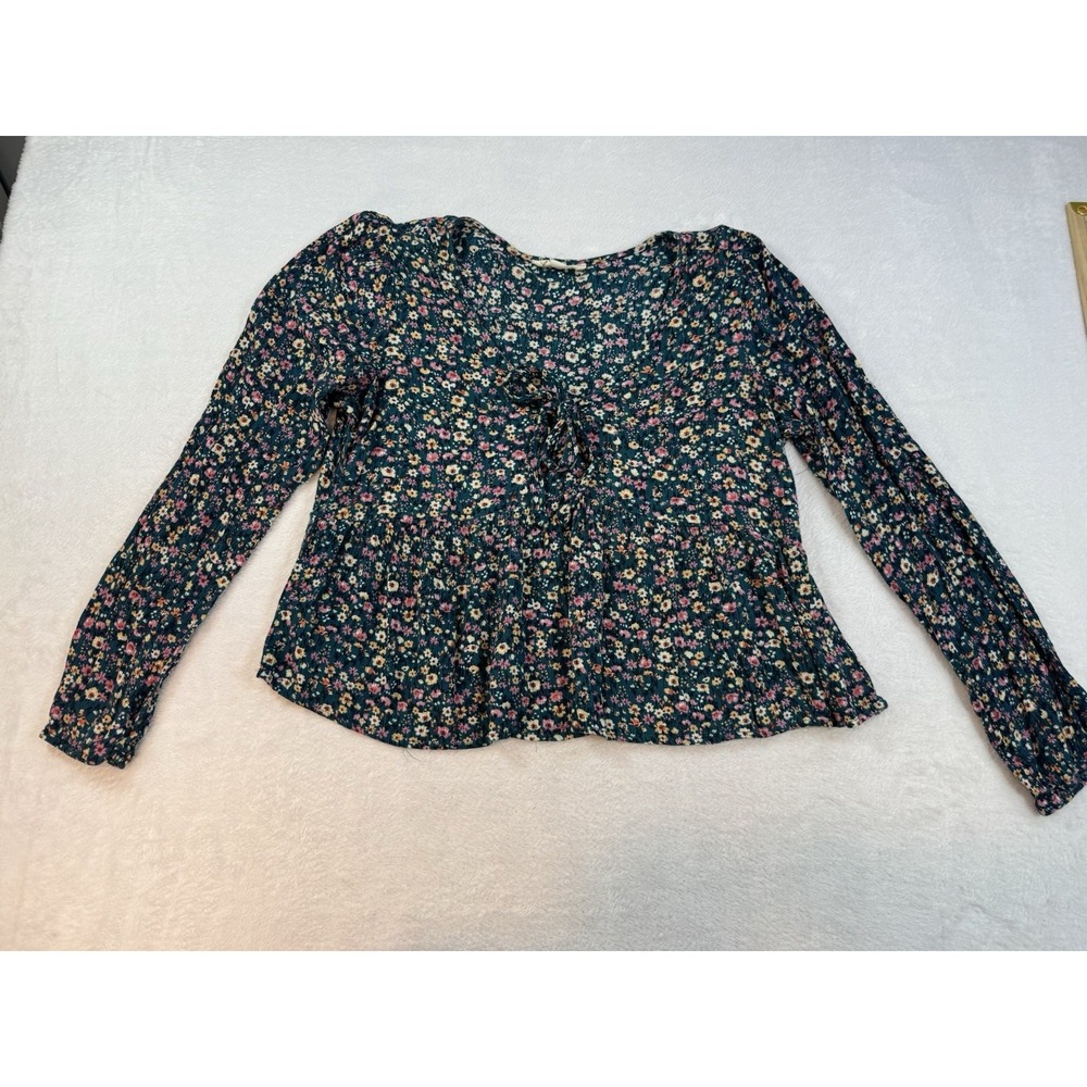 Kingston Grey Teal Floral Crop Blouse Size XL Cottage Boho Flowy